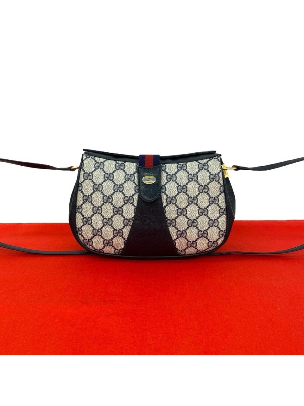 Gucci Vintage GG Logo Pattern Leather Shoulder Bag Pochette Navy